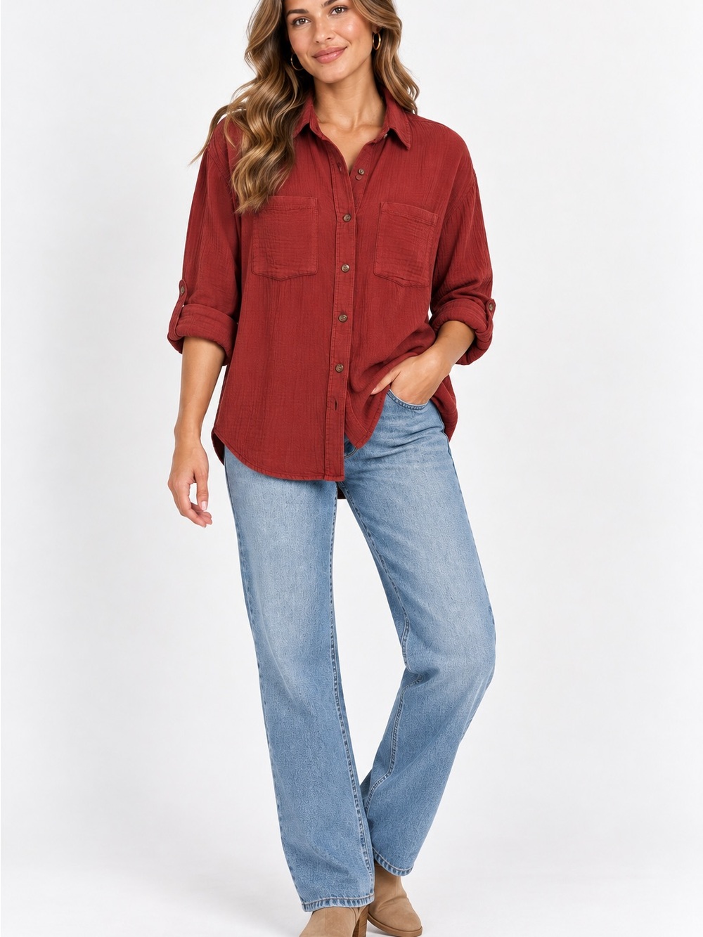 H&M Women's Long-Sleeve Rust Button-Down Shirt with Patch Pockets 100% Cotton M